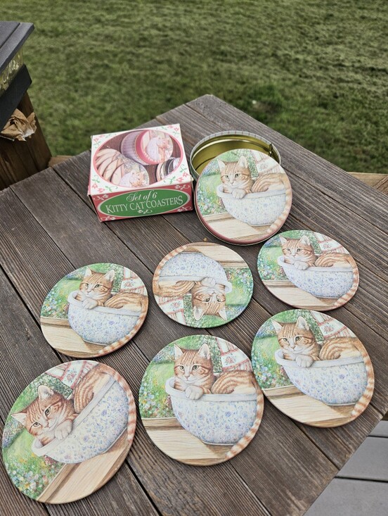 Other - COTTAGECORE CAT KITTEN COASTERS WITH DECORATIVE LIDS ROUND BARWARE TIN SET 80S